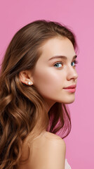 Naklejka premium Young woman posing against pink background in casual style. 