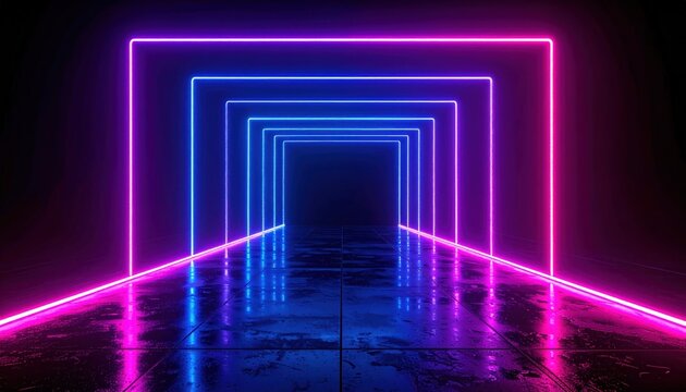 Neon rectangles create a vibrant tunnel effect