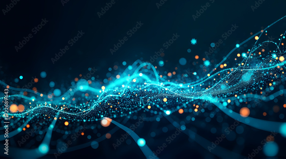 Poster abstract composition of glowing dots and wave curved lines symbolizing data transmission, network an