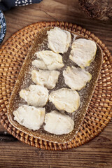 Traditional Shandong Taro Carrot Dumplings in Bamboo Steamer - Asian Cuisine Food Photography