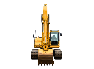 Yellow excavator with bucket and tracks isolated on transparent background