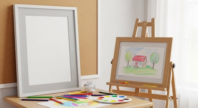 A blank white frame mock up leans against a cork board, next to a child's easel displaying a house drawing, with colorful art supplies scattered on a desk. - Powered by Adobe