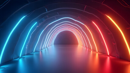 Abstract Neon Lit Tunnel with Vibrant Blue and Orange Gradient Lighting Effect