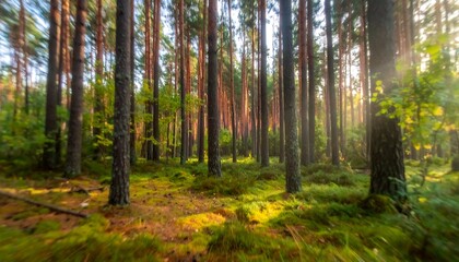 Obraz premium Blurred pine forest sunlight