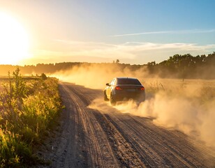 Fototapeta premium Car on dusty country road at sunset