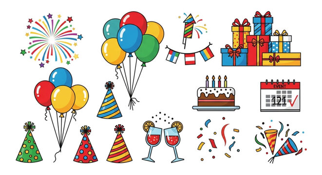 Birthday party and celebration icon set, vibrant and festive graphic elements