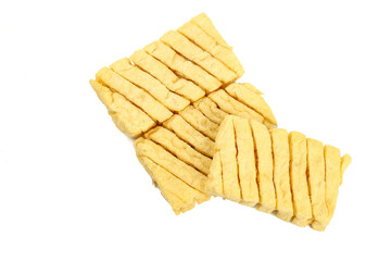 Fresh Tofu Strips Sliced Soy Protein Food Ingredient on White Background