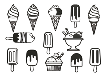 Illustration of collection of black and white line art illustrations of various ice cream cones and popsicles, isolated on transparent background on transparent background