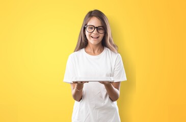 Fototapeta premium E-Learning concept. Happy School child Using Digital Tablet