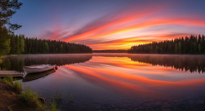 A serene lake with a boat and a dock at sunset, with a vibrant sky filled with orange and pink hues.