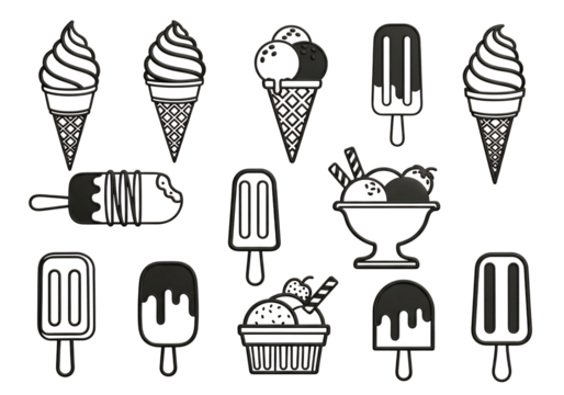 Illustration of collection of black and white line art illustrations of various ice cream cones and popsicles, isolated on transparent background on transparent background