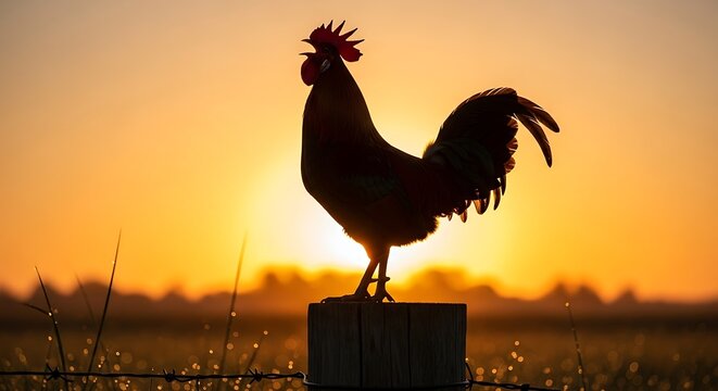 Rooster Crowing at Dawn A Vibrant Silhouette Against the Morning Sun
