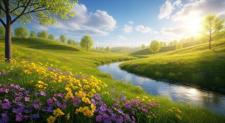 A serene, sunlit meadow with a winding stream, green grass, and blooming flowers, with a tree and a clear blue sky in the background.