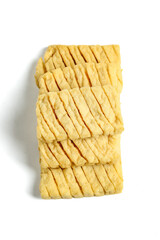 Sliced Dried Tofu Strips for Chinese Cooking and Skewers on White Background