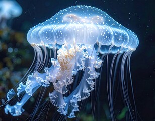 Glowing jellyfish, translucent, deep blue