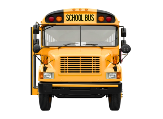 Front view of a classic yellow school bus isolated on transparent background