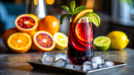 Refreshing sangria with citrus fruits and ice in glass on table