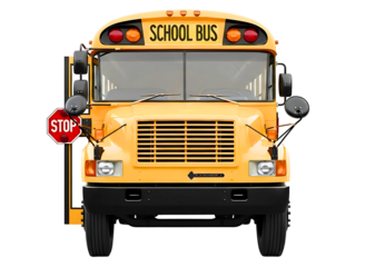 Front view of a classic yellow school bus isolated on transparent background