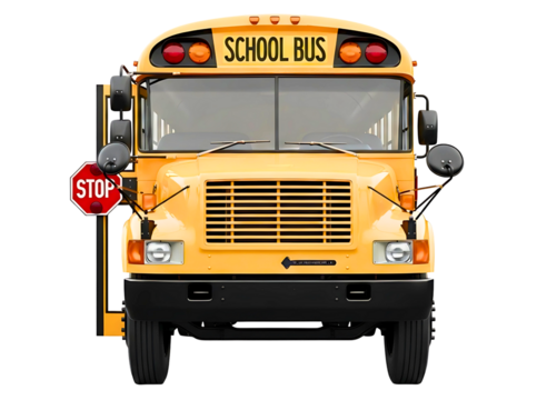 Front view of a classic yellow school bus isolated on transparent background