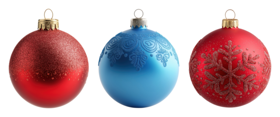 Three festive Christmas baubles with decorative patterns isolated on transparent background