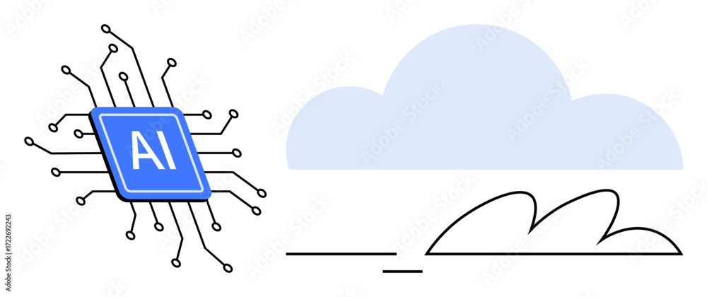 Poster ai microchip with circuit lines linked to a cloud symbolizing technology integration, data processin