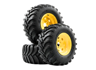 Stack of tractor tires with yellow rims isolated on transparent background