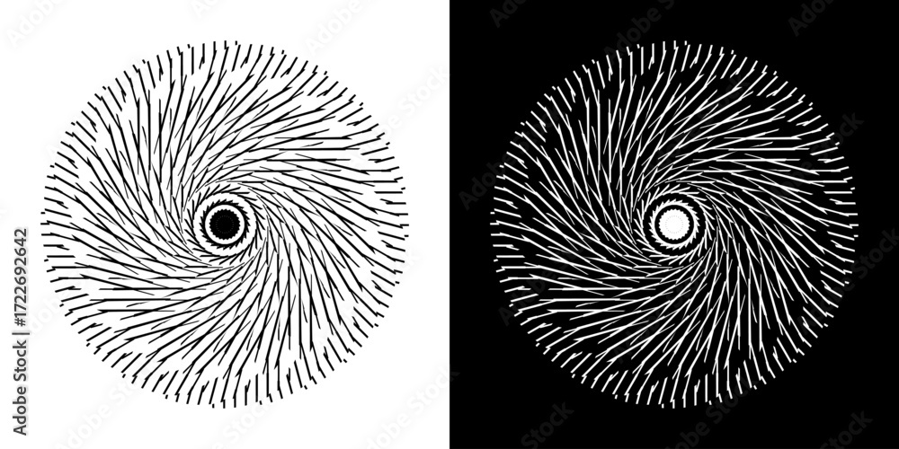 Poster abstract background with line pattern forming circle. spiral art design as logo or icon. black lines