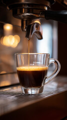 Fresh espresso pouring into glass cup from coffee machine. 
