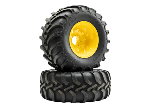 Stack of tractor tires with yellow rims isolated on transparent background