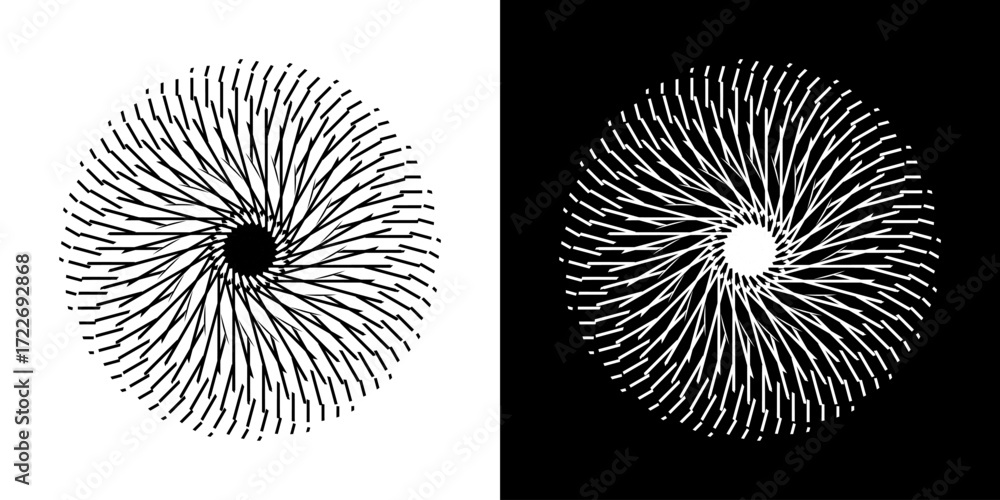 Poster abstract background with line pattern forming circle. spiral art design as logo or icon. black lines