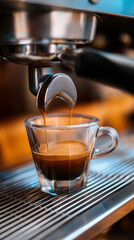 Fresh espresso pouring into glass cup from coffee machine. 
