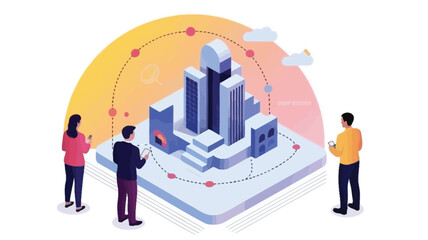 Naklejka premium Navigating the future A modern city network connecting people with digital innovation and isometric