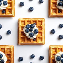 Waffle squares topped with whipped cream and blueberries