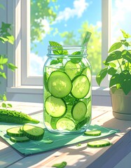 Refreshing cucumber and mint water by a window