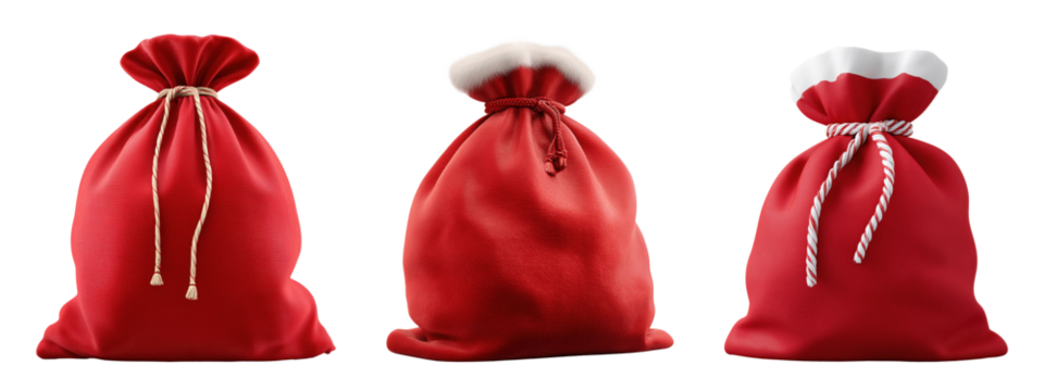 Collection of red Christmas Santa sacks with drawstring closures, isolated on transparent background