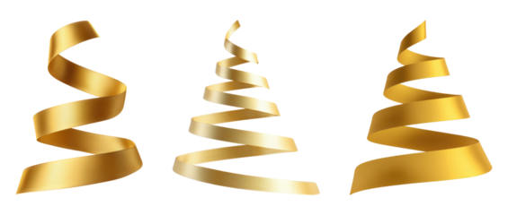 Three elegant Christmas trees made from golden ribbons isolated on transparent background