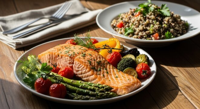 Delicious Grilled Salmon Fillets With Fresh Garden Vegetables A Healthy Meal