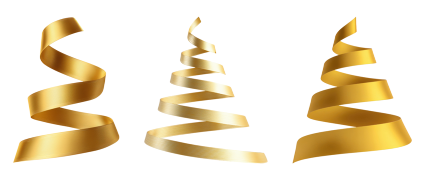 Three elegant Christmas trees made from golden ribbons isolated on transparent background