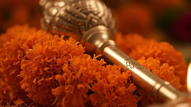 Symbolic gada mace adorned with vibrant marigold garlands and lit diya for lord hanuman jayanti janmotsav celebrations