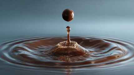 A close up shot of a chocolate drop suspended above ripples in liquid chocolate surface