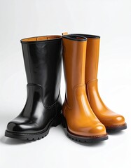 Two polished knee-high boots, black and mustard yellow, on a white background