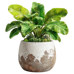 Large patio planter with banana plant, broad tropical leaves with natural gradient, sturdy concrete base, isolated transparent background