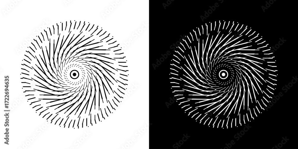 Poster abstract background with line pattern forming circle. spiral art design as logo or icon. black lines