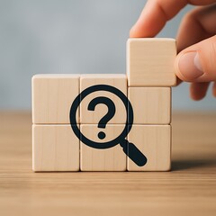 Hand stacking wooden blocks with a magnifying glass and question mark symbol representing research and problem solving