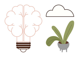 Brain-shaped light bulb as creativity, green potted plant symbolizes growth, cloud idea storage. Ideal for innovation, growth, sustainability, green energy, brainstorming, eco-friendly design simple