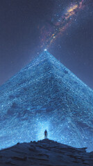 Giant pyramid made of glowing blue digital data lines standing atop icy mountain in space with stars galaxies background and holographic human figure at base creating surreal visualization.