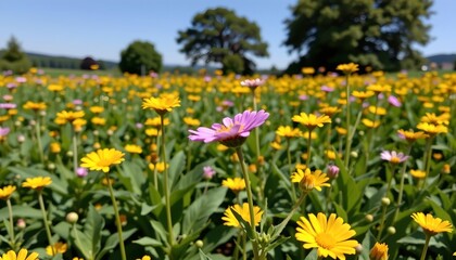 Obraz premium Vibrant Wildflower Field with Center Pink Daisy