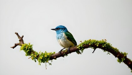 Naklejka premium Vibrant Bird Mosscovered Branch Soft Light