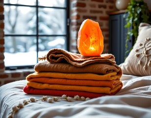 Cozy Indoor Scene with Colorful Blankets and Salt Lamp