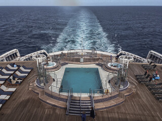 Panoramic ocean views from outdoor deck balcony terrace patio of luxury cruiseship cruise ship liner during Transatlantic passage crossing
